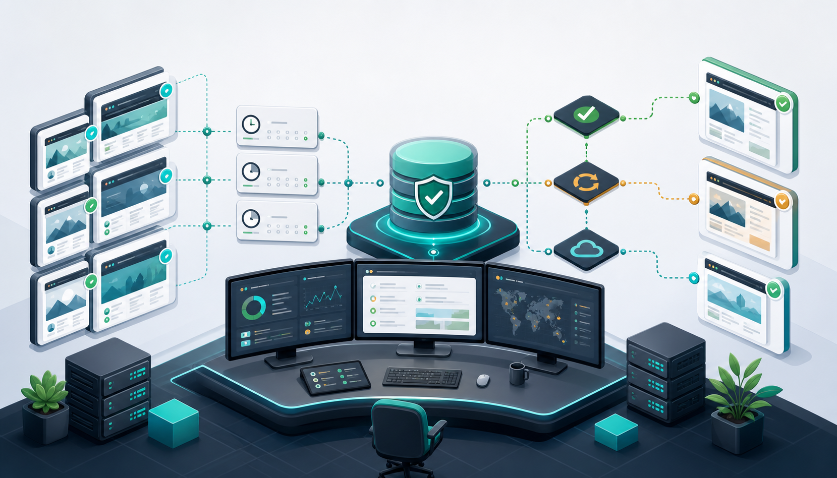 Illustration of an agency recovery dashboard coordinating backups, secure storage, and restored client websites.