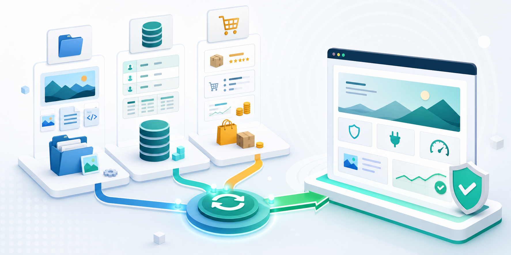 Illustration of three WordPress restore paths for files, database records, and a full site recovery.